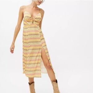 Urban Outfitters Yellow Geometric Printed Mariah Lace-Up Midi Slip Dress